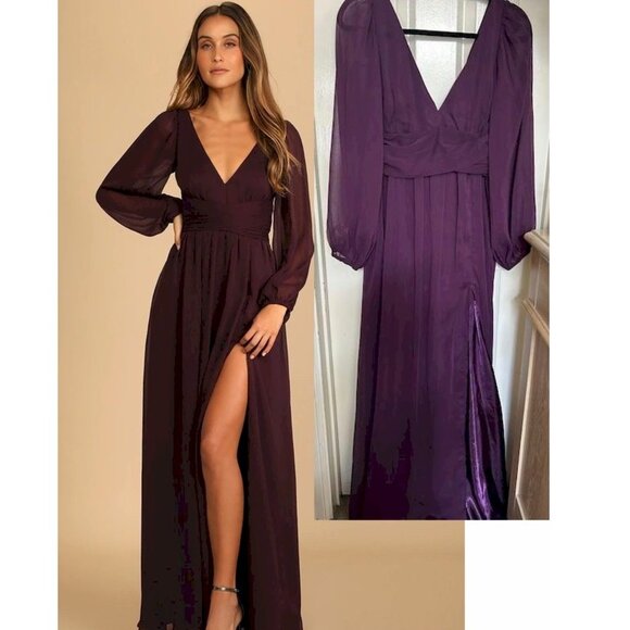 Lulus Enchant My Love Dark Purple V-Neck Long Sleeve Maxi Dress Large New NWT - Picture 1 of 10